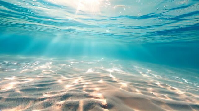 Seabed sand with blue tropical ocean above, empty underwater background with the summer sun shining brightly, creating ripples in the calm sea water