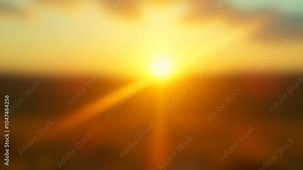 Poster Warm colors blur in sunlight with bokeh green energy and sunny orange light patterns on a plain cloudy abstract flare evening scene.