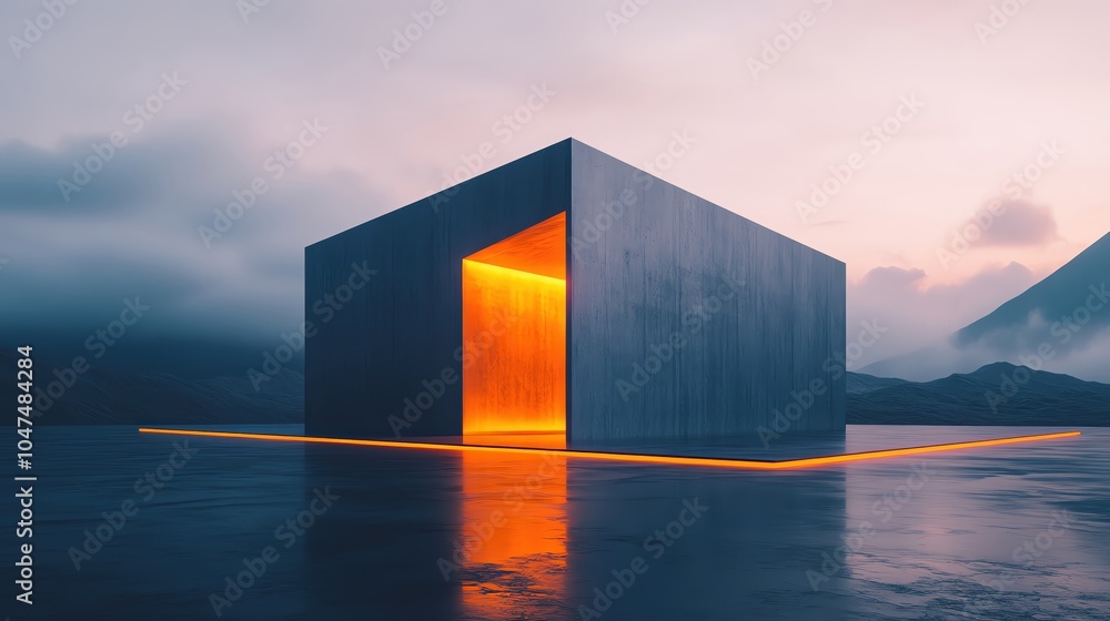 Poster futuristic angular building with sharp geometric lines, minimalistic design, and glowing light strip
