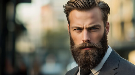 handsome male gentleman in a suit with a beard and stylish hairstyle on a blurred background with bokeh 