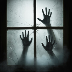 Halloween Day Haunting Encounter Fractured Glass and Shadowy Hands Behind Foggy Windows Evoking a Chilling Sense of Intrigue and Foreboding