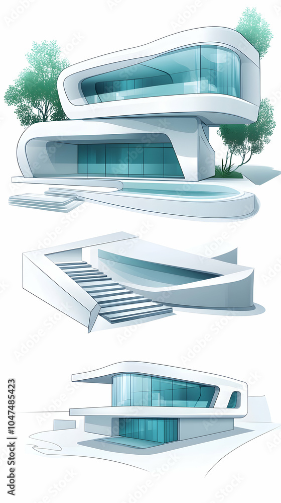 Poster modern architecture concept with 3 designs of a futuristic home with a pool and curved lines.