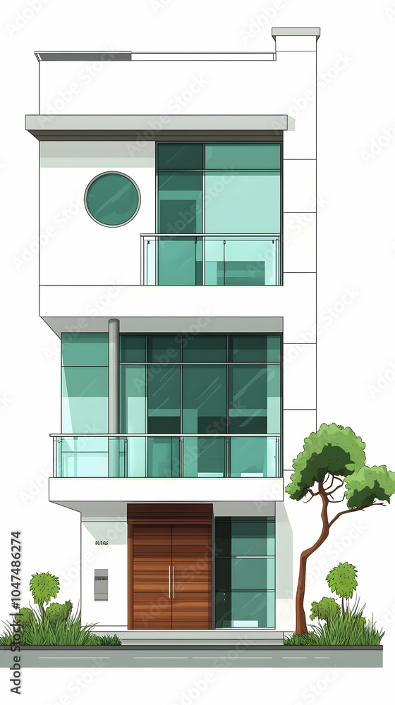 Poster modern three-story house with a balcony and a tree in front of it.
