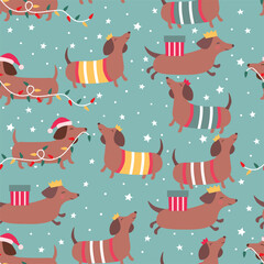 Seamless Christmas pattern with dachshunds in clothes and crowns with stars on blue background. 