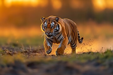 Fototapeta premium Bengal tiger running in sunset light