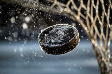 Fast ice hockey puck flying into goal net on field at World Cup match tournament, background with copy space.