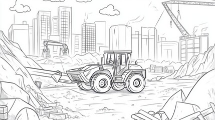 Fototapeta premium Construction site activity with a tractor working among piles of debris in a bustling cityscape on a sunny day