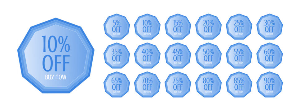 Set of discount labels in blue enneagon shape. 5, 10, 15, 20, 25, 30, 35, 40, 45, 50, 55, 60, 65, 70, 75, 80, 85, 90 percent off. Buy now.