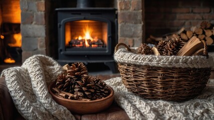 A cozy scene featuring pine cones and a soft blanket set against a backdrop of stone, evoking a warm and inviting atmosphere perfect for relaxation