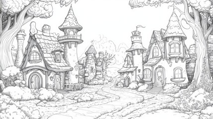 Charming fairy tale village with whimsical cottages and winding paths on a sunny day, inviting creativity and imagination