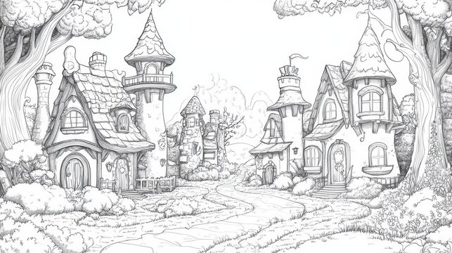 Charming fairy tale village with whimsical cottages and winding paths on a sunny day, inviting creativity and imagination