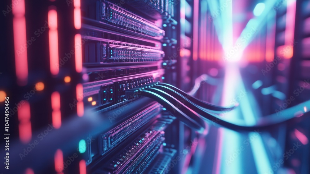 Poster a close-up view of server racks with colorful lighting in a data center.