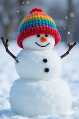Obraz premium snowman wears colorful hat winter weather conditions outdoors