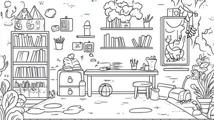 Obraz premium A cozy indoor creative space brimming with books, art supplies, and playful decor in a sunny corner