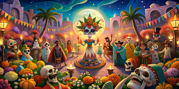 Enchanting Dia de los Muertos parade in Mexico, featuring a central skeleton in a floral dress under a moonlit sky, ideal for cultural event promotions and educational content