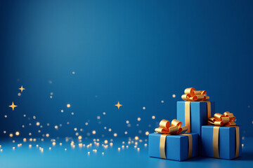 blue gifts gold bows ribbons sit blue background near twinkling stars digital art style