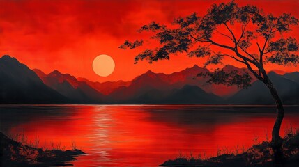 Obraz premium Red sunset over a lake and mountains, with a tree in the foreground