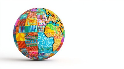 Colorful globe showcasing diverse cultures, symbolizing unity and creativity across the world in a vibrant artistic style.