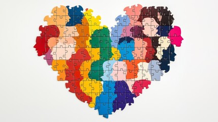 Obraz premium A colorful heart-shaped puzzle composed of diverse silhouettes representing unity and love.