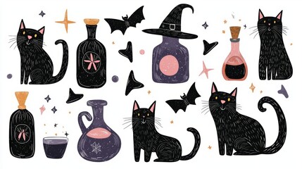Charming illustration of black cats, potions, and bats, perfect for Halloween-themed designs and festive decorations.