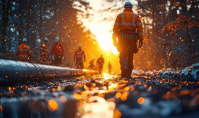 Oil pipe being laid in the ground, with people working around it