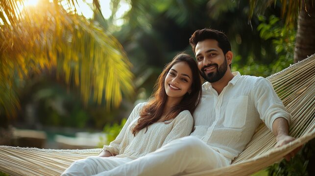 Indian Couple Relaxing On A Hammock In A Tropical Garden generative ai