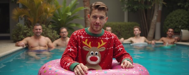Christmas pool party with friends wearing ugly sweaters, festive atmosphere, and fun activities in a backyard setting