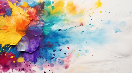 Colorful abstract painting with floral elements and splashes on a light background