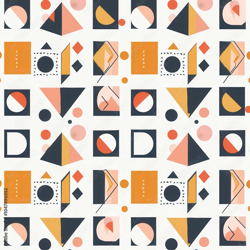 Poster A vibrant geometric pattern showcases an array of shapes and colors in a seamless design suitable for textiles and wallpapers. Generative AI