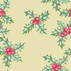 Holly branches with lush green leaves and red berries forming a seamless watercolor pattern on cream background. Clipart for holiday-themed fabric, gift packaging, and festive merchandise