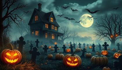 Fototapeta premium Haunting halloween night with pumpkins and bats