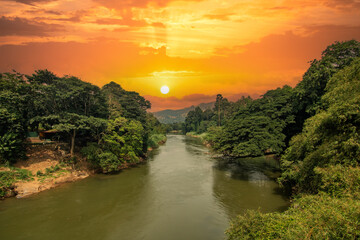 Landscape photograph in the fertile highlands in the subtropical climate. Jungle, fields and the...