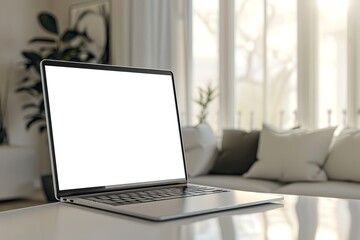Fototapeta premium A contemporary, Scandinavian home office including a mockup of a laptop screen with a white background and a blurry white desk, Generative AI.