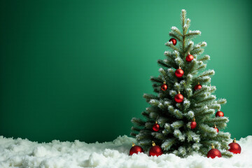 large christmas tree sits snowy green background ornaments mistletoe festive winter scene