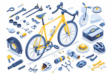 Isometric illustration of a bicycle with parts, tools, and accessories for repair and maintenance.