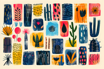 Colorful abstract geometric shapes with floral and plant motifs.