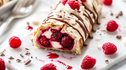 Raspberry and white chocolate strudel, placed on a white marble background, garnished with fresh raspberries, white chocolate shavings, and a drizzle of raspberry sauce