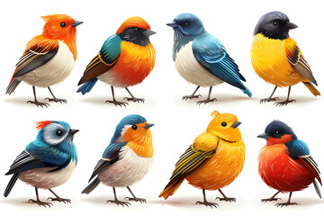 Fototapeta premium A collection of eight colorful birds in various poses, isolated on a white background.