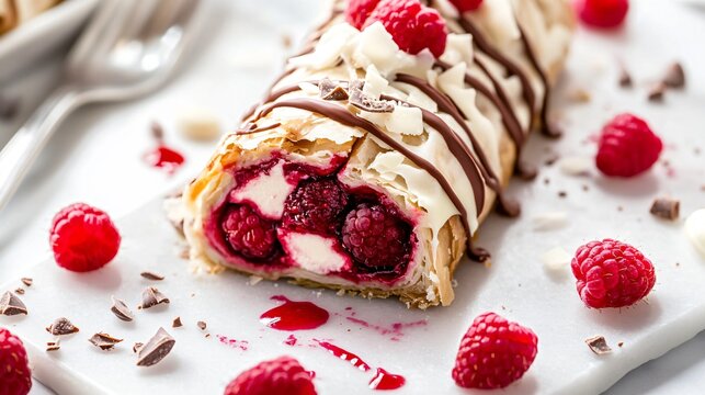 Raspberry and white chocolate strudel, placed on a white marble background, garnished with fresh raspberries, white chocolate shavings, and a drizzle of raspberry sauce