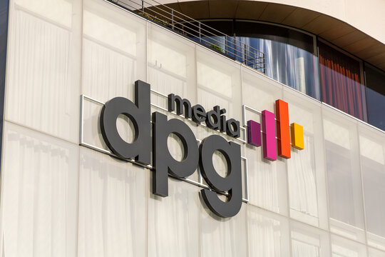 DPG Media logo sign. DPG Media is a Belgian media group that is also active in the Netherlands and Denmark. Antwerp, Belgium. 15 April 2023. 
