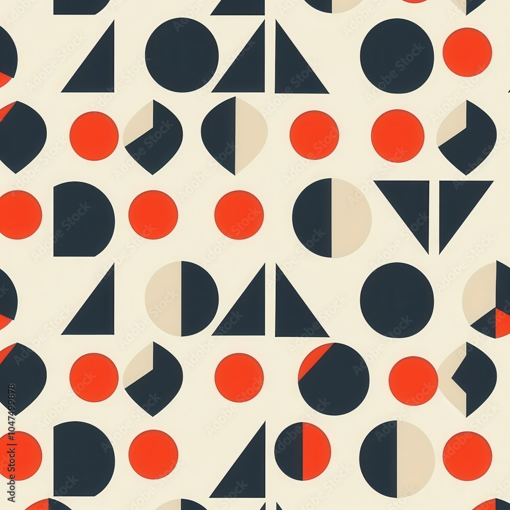 Poster The vibrant pattern showcases an array of geometric shapes in red, navy, and cream colors, arranged in a visually striking manner. Generative AI
