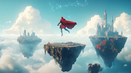 Obraz premium A knight leaping between floating islands in a whimsical dreamscape with pixel clouds in the background
