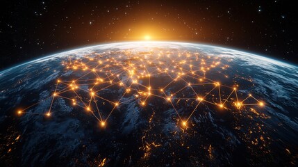 Dawn breaks over Earth, illuminating a network of glowing connections across continents and oceans from a satellite perspective