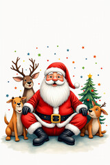 santa claus surrounded festive animals sits white background amidst colorful watercolor christmas patterns