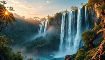 Fototapeta premium Majestic waterfall at sunset