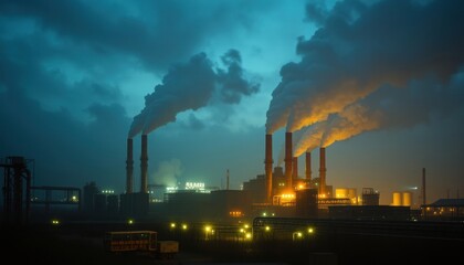 Industrial landscape with emissions at dusk