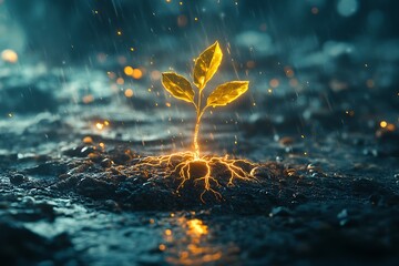 Obraz premium A glowing golden plant thrives in the rain, symbolizing hope and resilience.