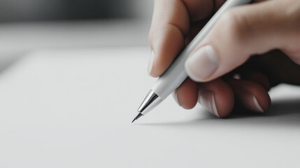 A close-up of a hand writing with a pen on a blank piece of paper in a well-lit indoor workspace