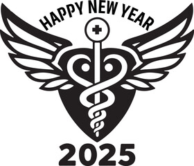 Happy New Year 2025 Medical Logo with Wings silhouette vector design