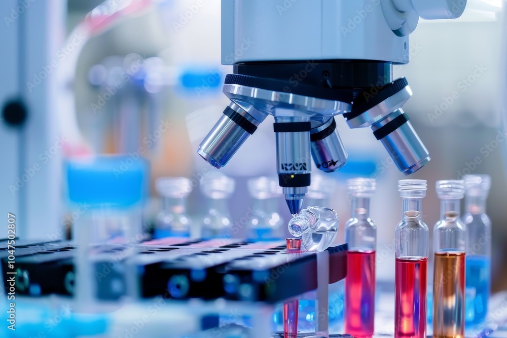Poster biotech robotics performing precision tasks,a machine is pouring red liquid into test tubes, highlig